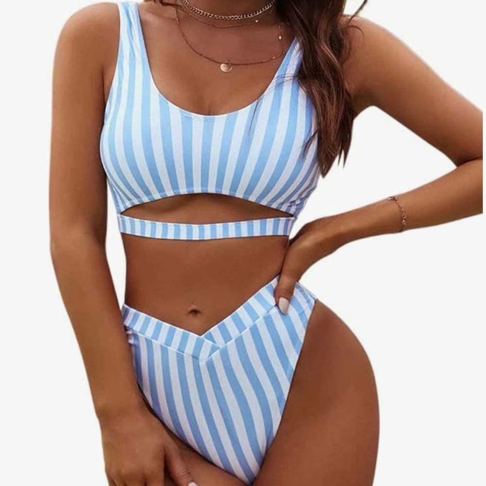 Blue and White Striped High-Waisted Bikini w/ Ruched Bottoms